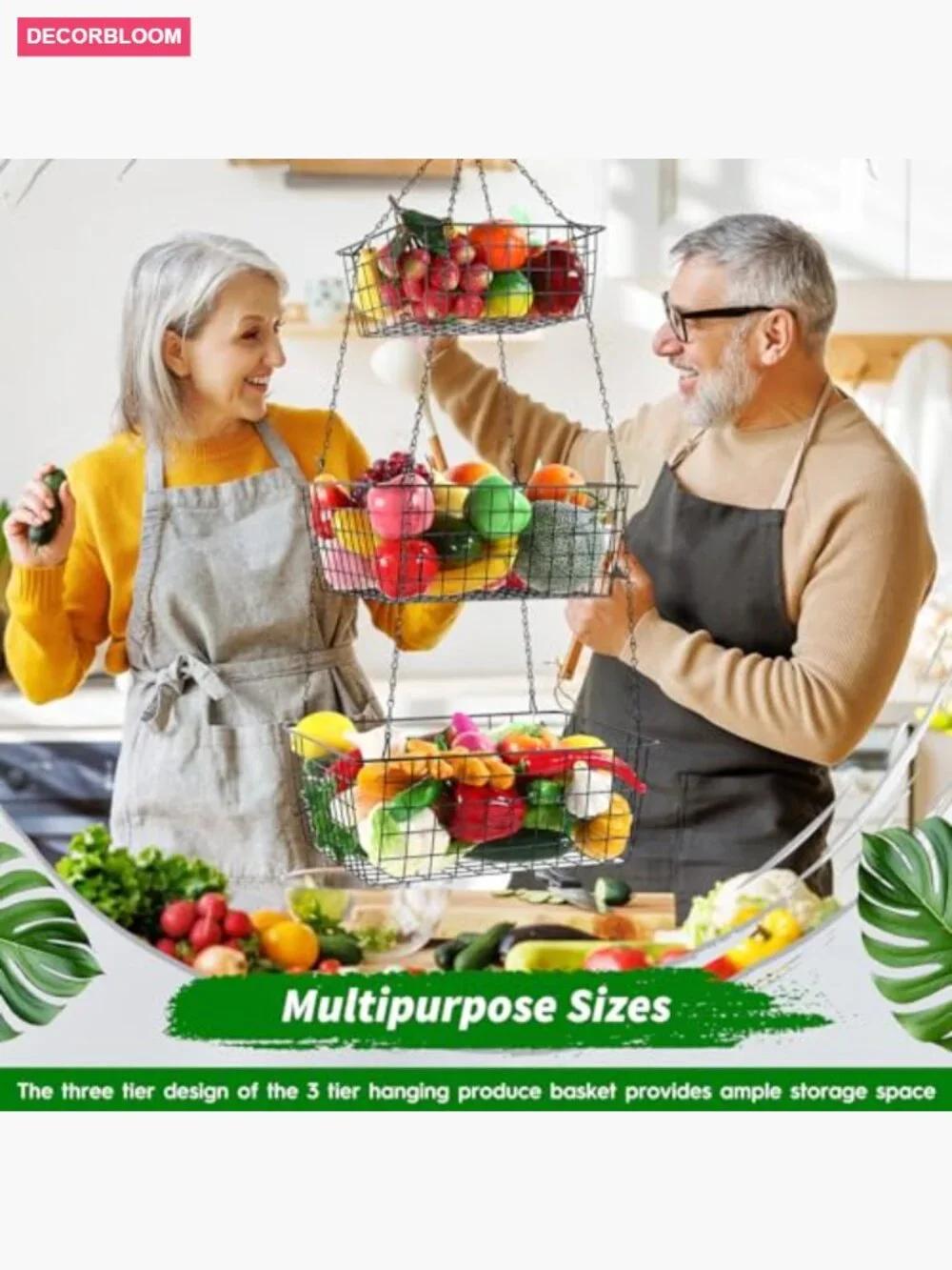 3 Tier Hanging Fruit Basket Square 35.4 Inch Heavy Duty Wire Organizer with